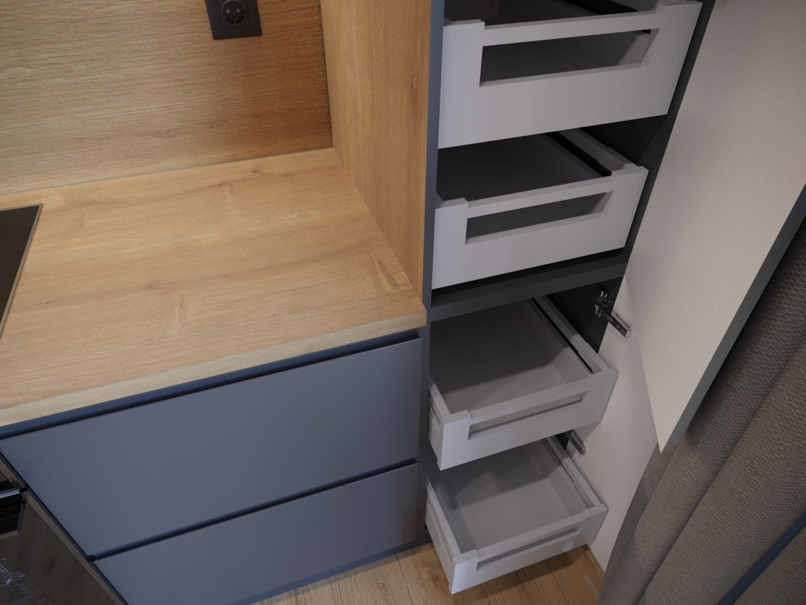 Kuchnia loft na wymiar — ciemne fronty i drewniany blat