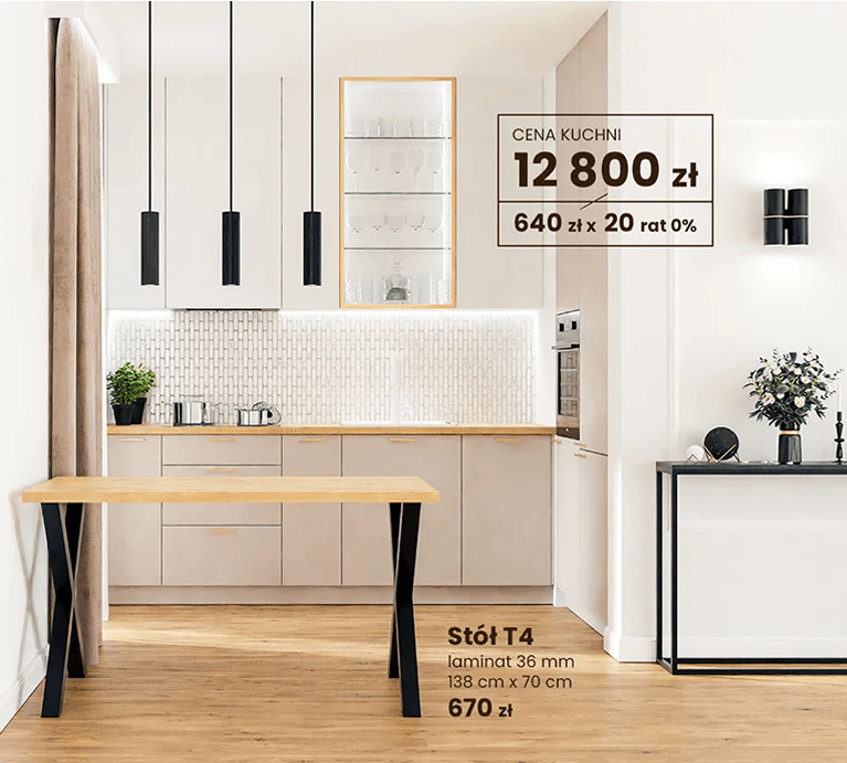 Baner przedstawiajacy jasną kuchnię w cenie 12.800 zł i stół w stylu loftowym w cenie 670 zł