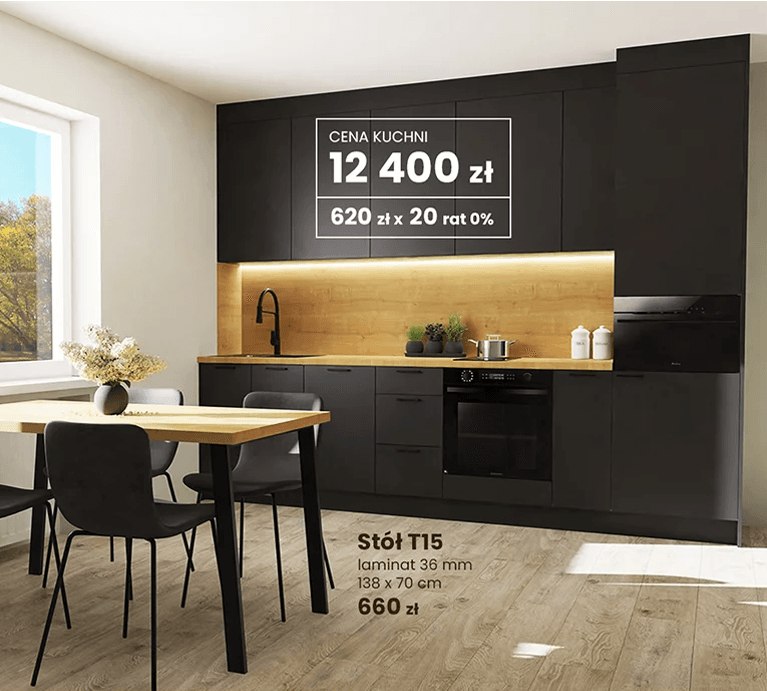 Baner przedstawiajacy ciemną kuchnię w cenie 12.400 zł i stół w stylu loftowym w cenie 660 zł