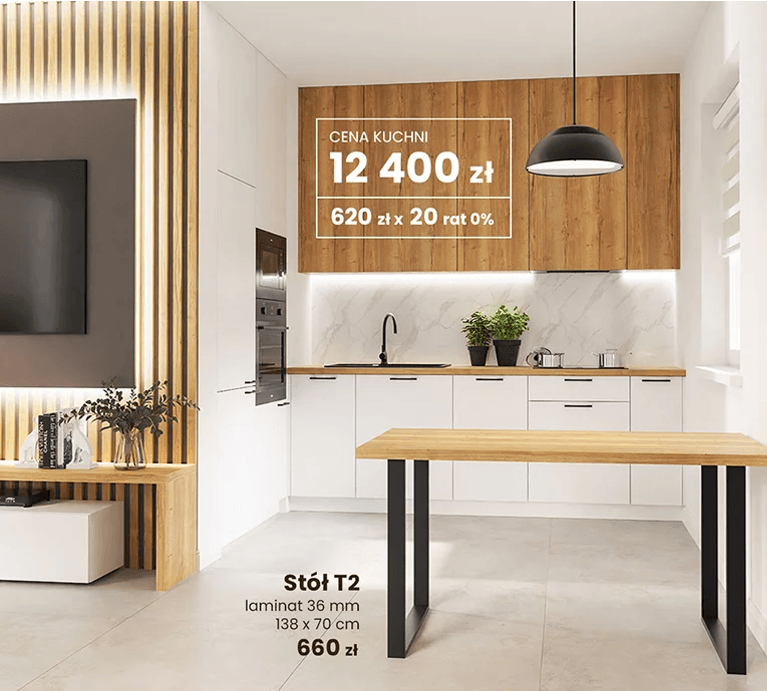 Baner przedstawiajacy jasną kuchnię w cenie 12.400 zł i stół w stylu loftowym w cenie 660 zł
