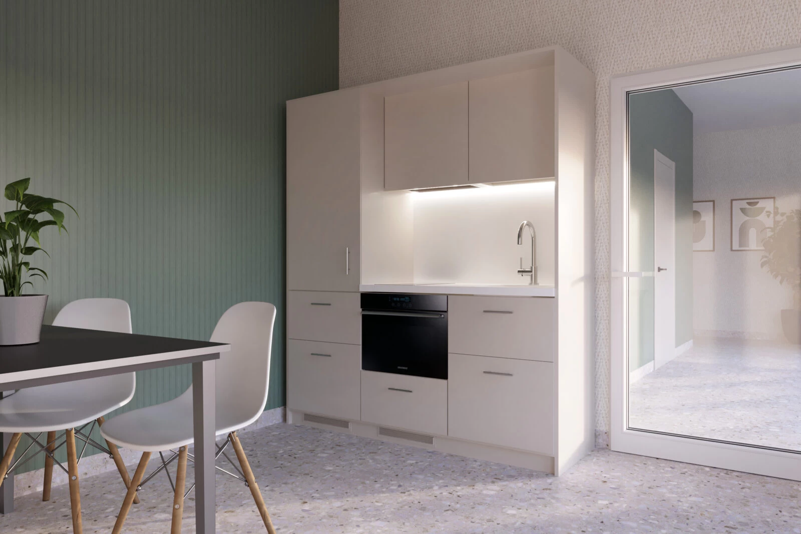 minimalistyczna kuchnia na wymiar kaszmir z oświetleniem LED i zabudową pod sufit