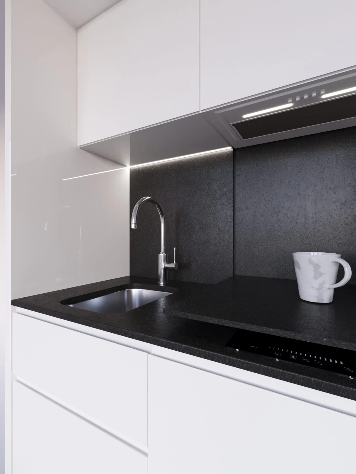 Minimalistyczna zabudowa kuchenna z podświetleniem LED pod szafkami
