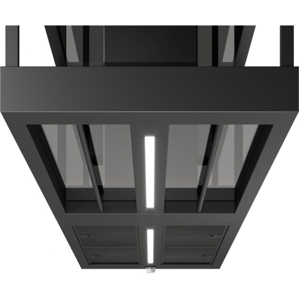 Nowoczesny okap wyspowy z oświetleniem LED – widok od dołu widok od dołu na czarny wyspowy okap kuchenny z włączonym oświetleniem LED i filtrami przeciwtłuszczowymi